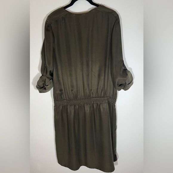 VINCE army green tab sleeve elastic waist silky shirt tunic dress szL officecore - Picture 2 of 10